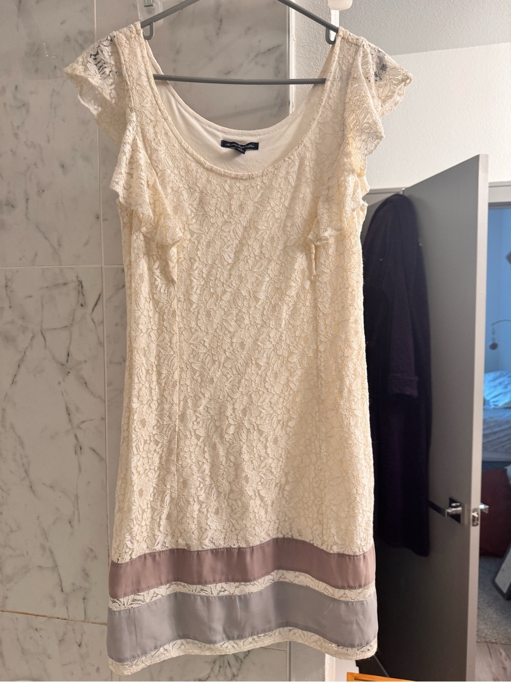 American Eagle Cream Lace Cap Sleeve Dress with Contrast Hem